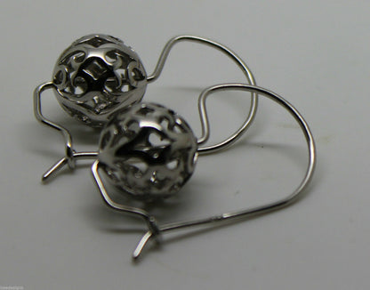 Genuine 9ct 9k 375 White Gold 12mm Ball Drop Filigree Earrings