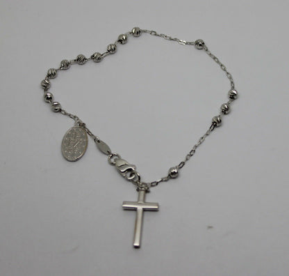 Genuine 18ct 750 White Gold Rosary Beads Cross Bracelet