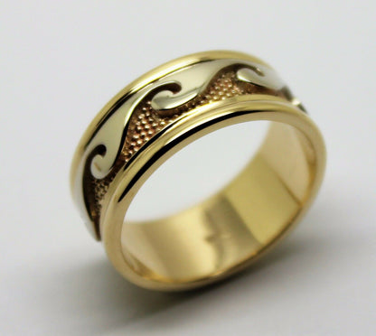Solid Genuine 9ct 9kt Yellow And White Gold Mens Surf Wave Ring - Choose your ring size