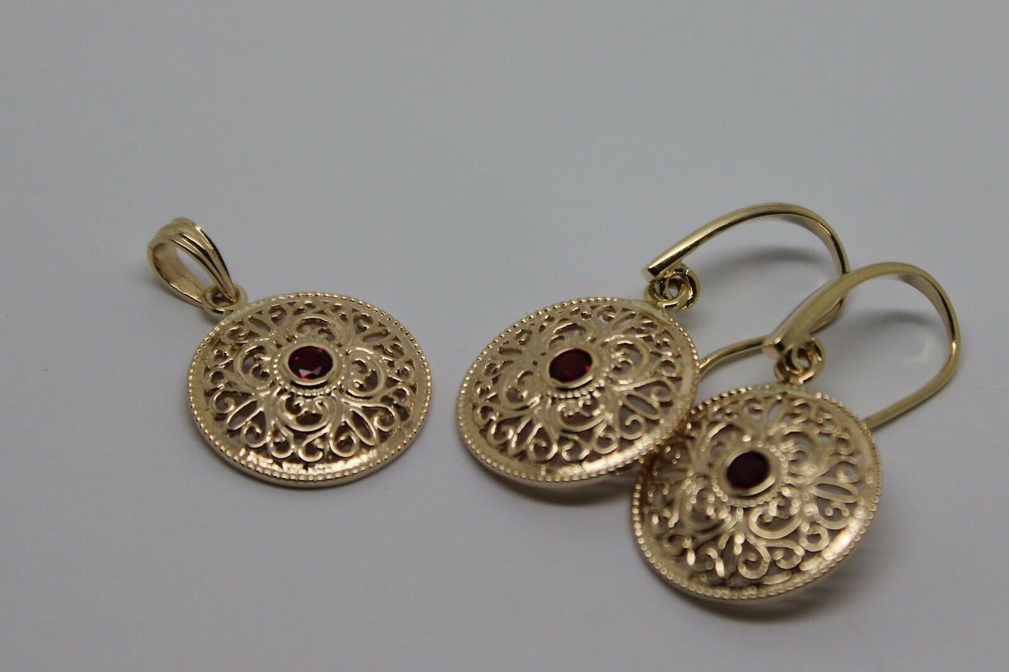 Kaedesigns Genuine 9K 9ct Yellow, Rose or White Gold Filigree Ruby Pendant & Earrings Set