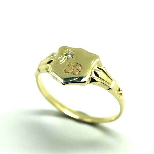 Size K 9ct Yellow Gold Cubic Zirconia Shield Signet Ring -Letter B