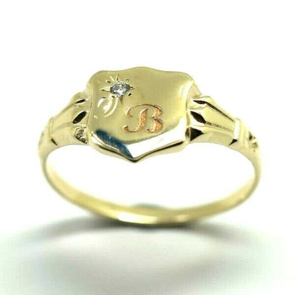 Size K 9ct Yellow Gold Cubic Zirconia Shield Signet Ring -Letter B