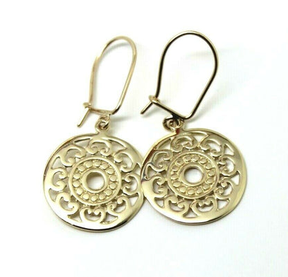 Genuine 9ct Yellow, Rose Or White Gold Flat Filigree Drop Round Closed Hooks Earrings