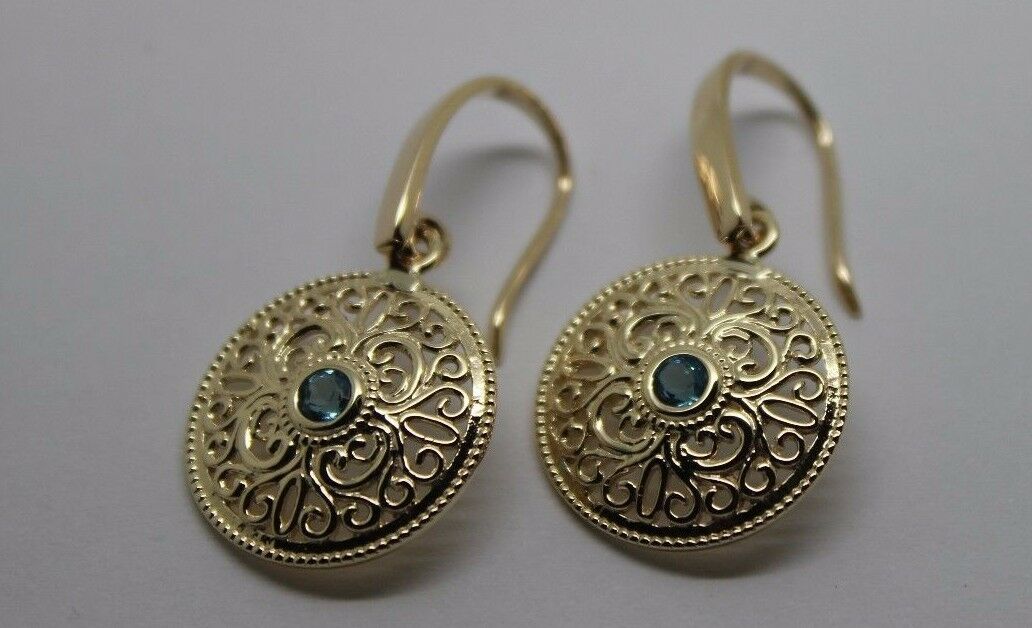 Genuine 9ct Solid Yellow, Rose or White Gold Blue Topaz Filigree Round Drop Earrings