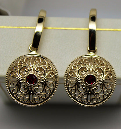 New 9ct Solid Yellow, Rose or White Gold Antique Ruby Filigree Drop Earrings -July Birthstone