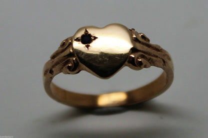 Genuine 9ct Yellow, Rose or White Gold Blue Sapphire Heart Signet Ring