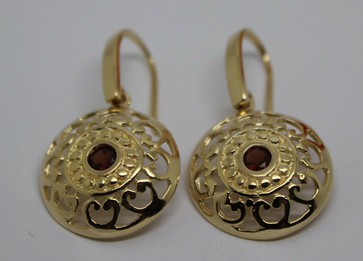Genuine Heavy 9ct Solid Yellow, Rose or White Gold Antique Red Garnet Filigree Drop Earrings