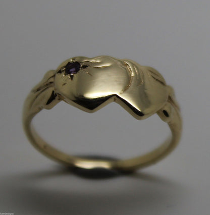 Genuine 9ct Yellow Gold 375 Amethyst (Birthstone Of February) Double Heart Signet Ring