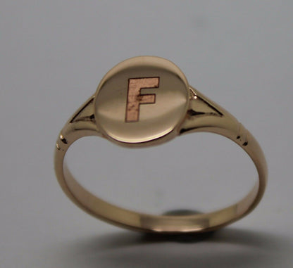Size K Kaedesigns Genuine 9ct Yellow, Rose or white Gold Oval Signet Ring Engraved "Letter F"