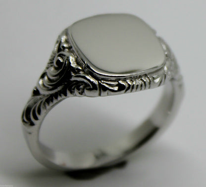Genuine Solid Large Mens 9ct White Gold Square Engraved Signet Ring Size V