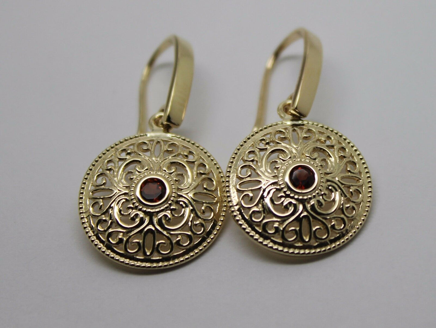 Kaedesigns 9ct Solid Yellow, Rose or White Gold Antique Red Garnet Filigree Drop Earrings