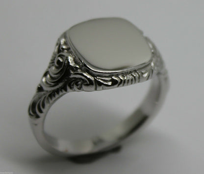 Genuine Solid Large Mens 9ct White Gold Square Engraved Signet Ring Size V