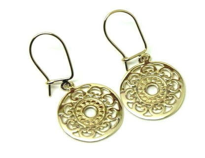 Genuine 9ct Yellow, Rose Or White Gold Flat Filigree Drop Round Closed Hooks Earrings