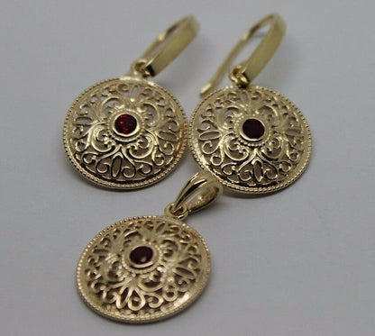 Kaedesigns Genuine 9K 9ct Yellow, Rose or White Gold Filigree Ruby Pendant & Earrings Set