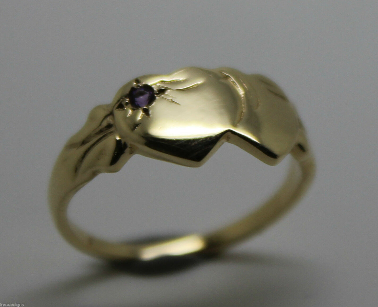 Genuine 9ct Yellow Gold 375 Amethyst (Birthstone Of February) Double Heart Signet Ring