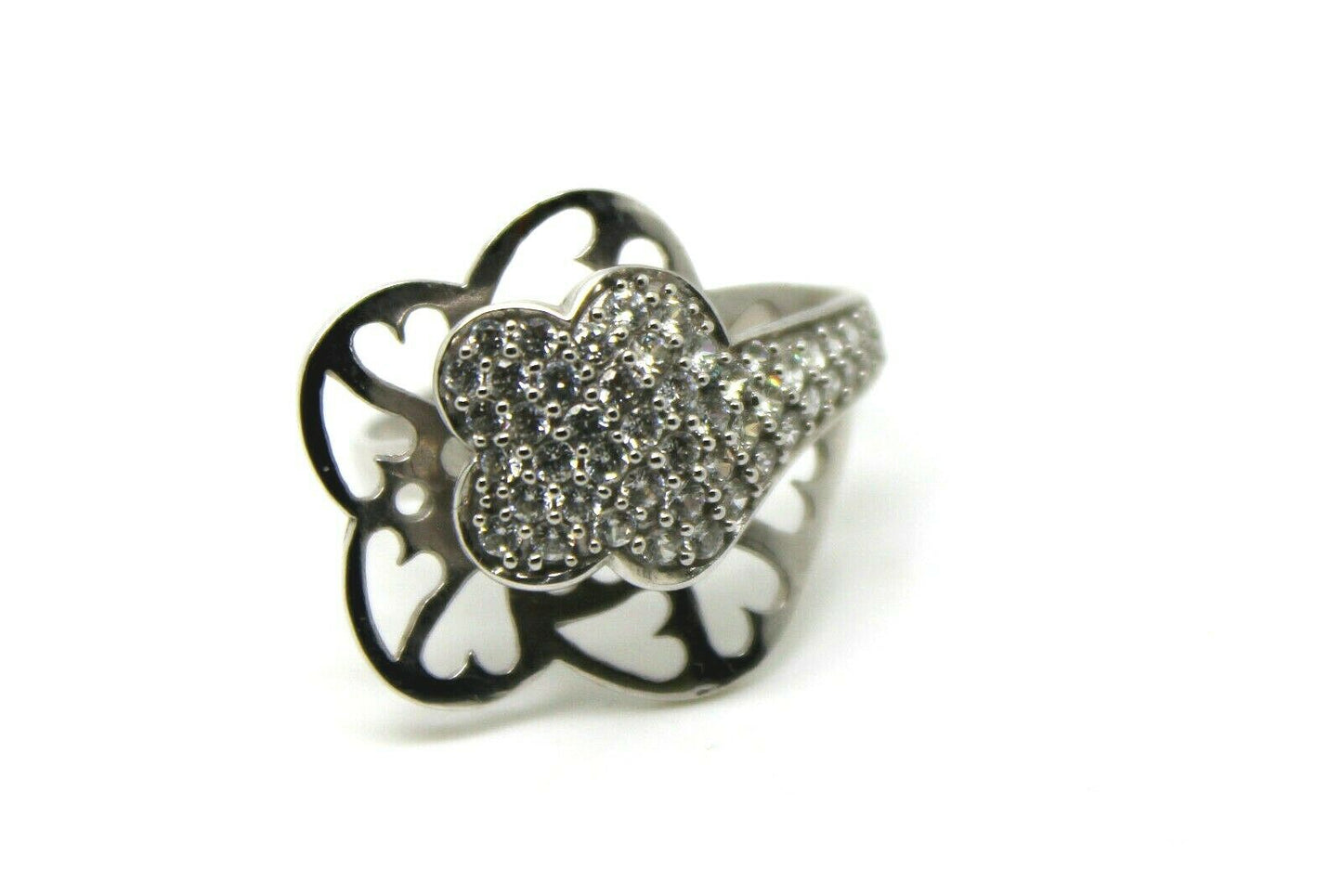 Genuine 18ct Four Leaf Clover Cubic Zircon White Gold Dress Ring
