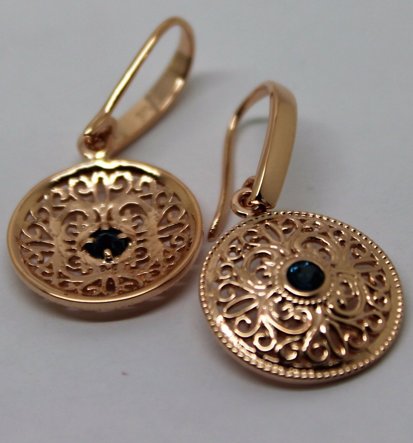 Genuine 9ct Solid Yellow, Rose or White Gold Round London Blue Topaz Filigree Earrings