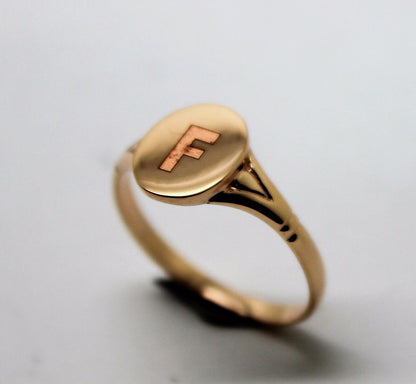Size K Kaedesigns Genuine 9ct Yellow, Rose or white Gold Oval Signet Ring Engraved "Letter F"