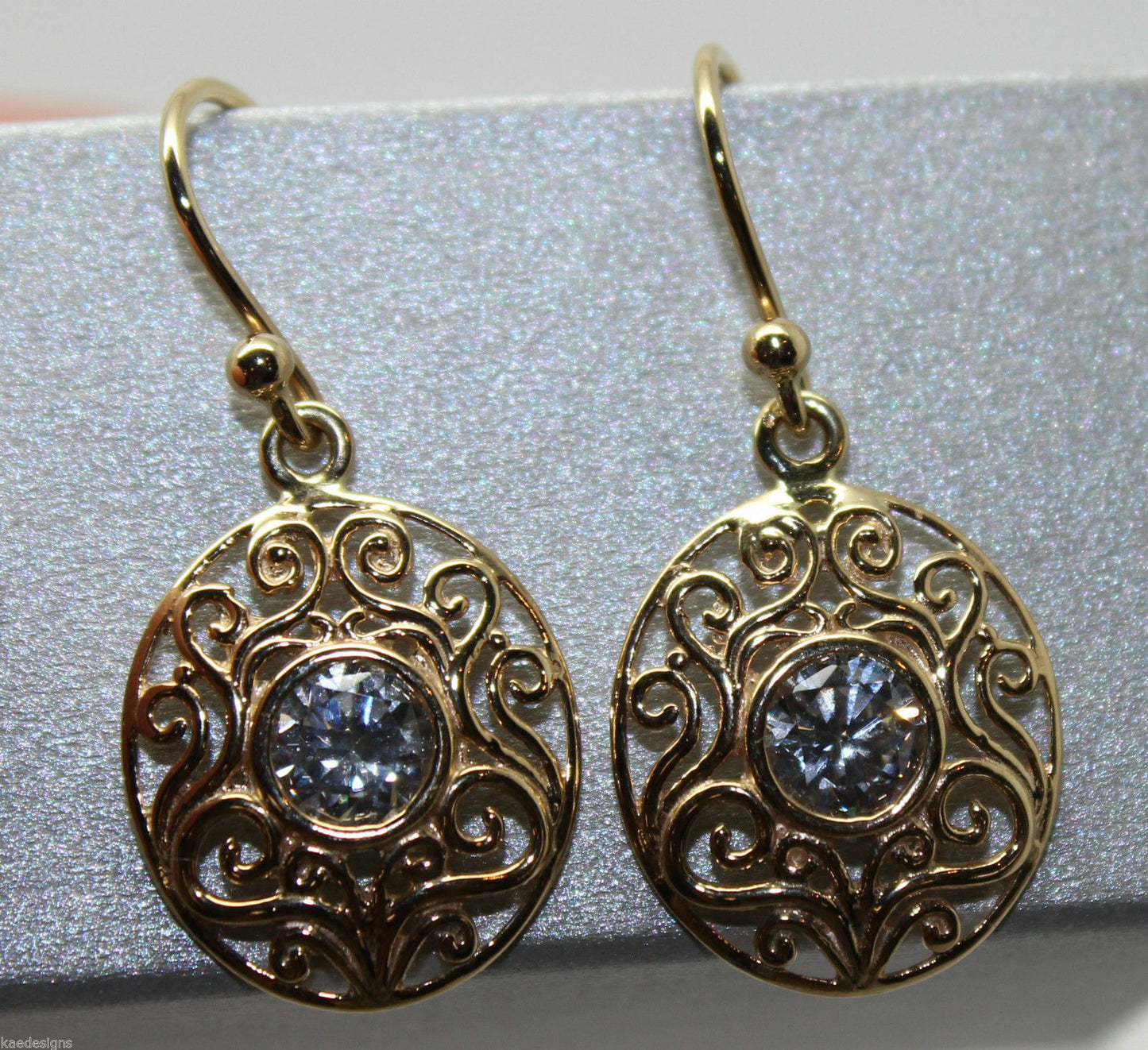 Genuine 9ct Solid Yellow Gold Stone Set Filigree Oval Hooks Earrings