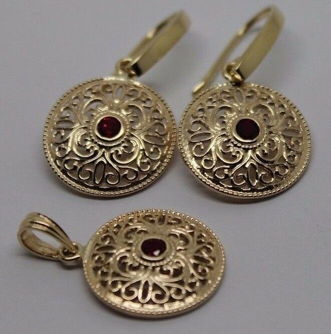 Kaedesigns Genuine 9K 9ct Yellow, Rose or White Gold Filigree Ruby Pendant & Earrings Set