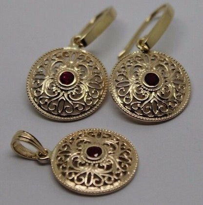 Kaedesigns Genuine 9K 9ct Yellow, Rose or White Gold Filigree Ruby Pendant & Earrings Set