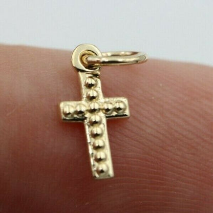 Genuine 9ct 9kt Genuine Tiny Very Small Yellow, Rose or White Gold Beaded Cross Pendant Charm