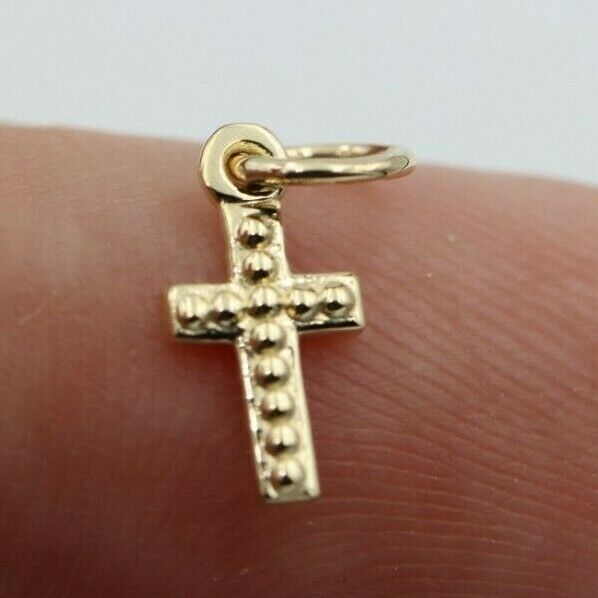 Genuine 9ct 9kt Genuine Tiny Very Small Yellow, Rose or White Gold Beaded Cross Pendant Charm