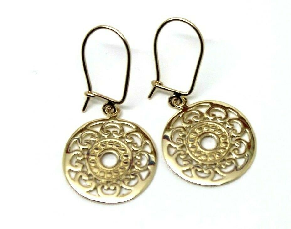 Genuine 9ct Yellow, Rose Or White Gold Flat Filigree Drop Round Closed Hooks Earrings