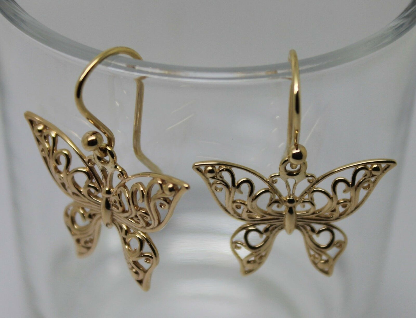 Genuine 9ct 9k 375 Yellow, Rose or White Gold Filigree Butterfly Drop Open Hook Earrings