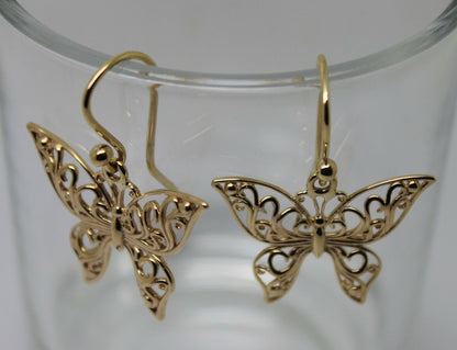 Genuine 9ct 9k 375 Yellow, Rose or White Gold Filigree Butterfly Drop Open Hook Earrings