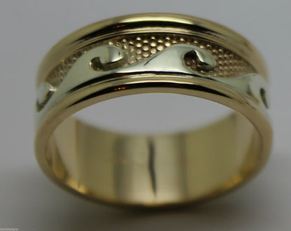 Solid Genuine 9ct 9kt Yellow And White Gold Mens Surf Wave Ring - Choose your ring size