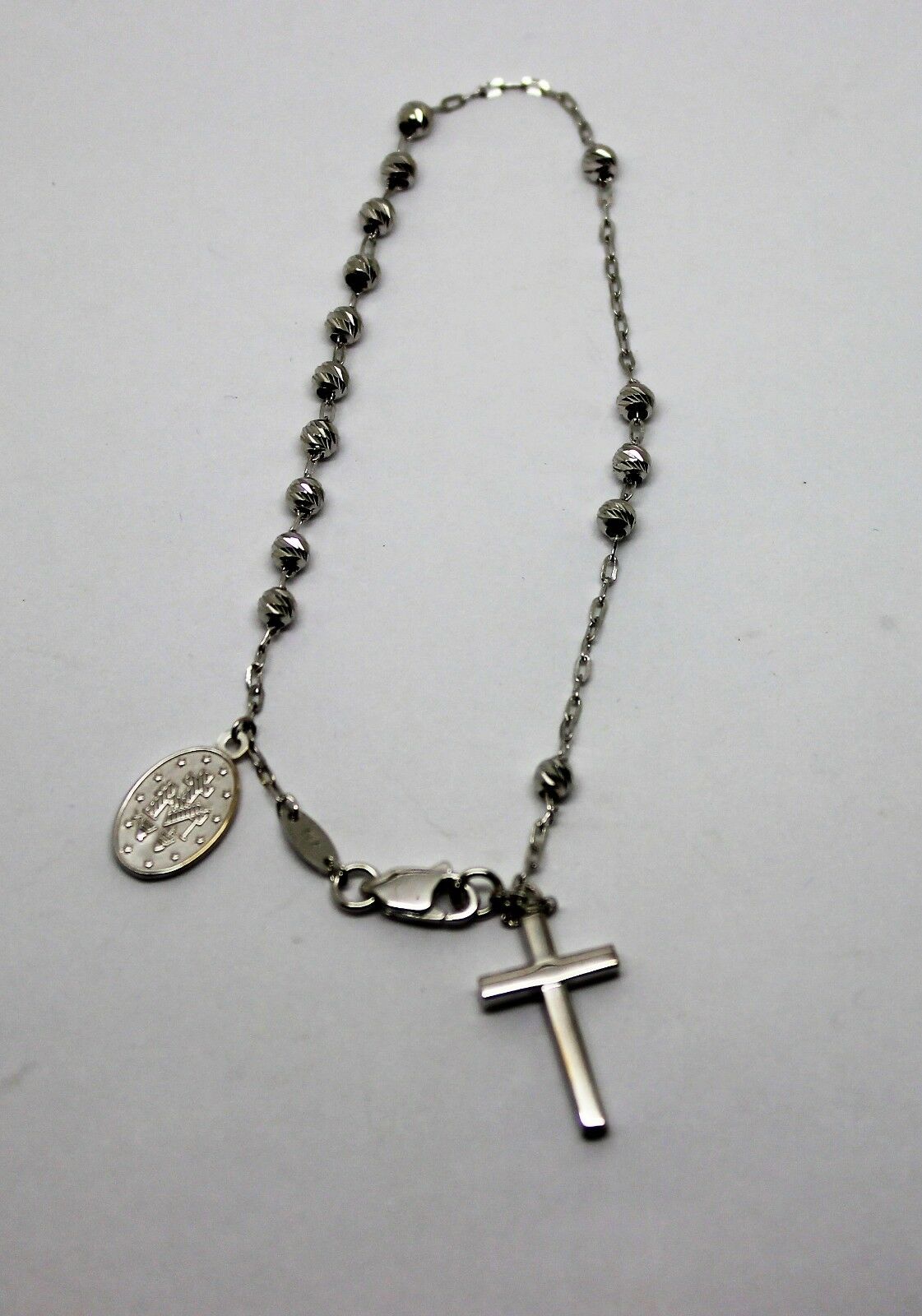 Genuine 18ct 750 White Gold Rosary Beads Cross Bracelet