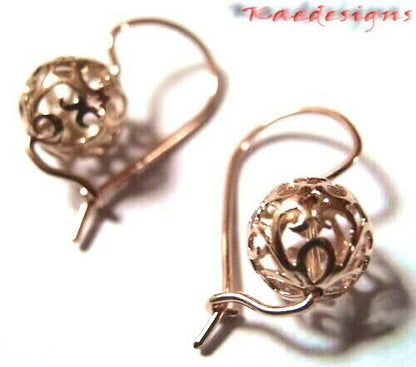 Genuine Solid 9ct 9k 375 Yellow, Rose or White Gold 10mm Euro Ball Drop Filigree Flower Earrings