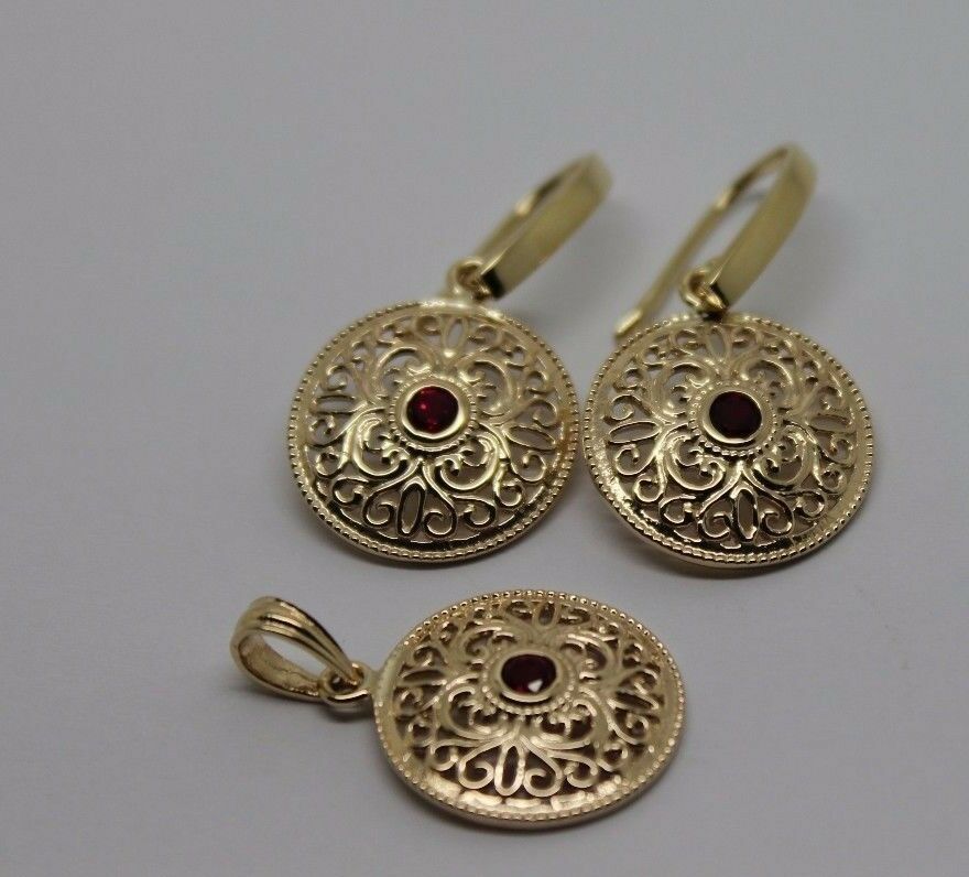 Kaedesigns Genuine 9K 9ct Yellow, Rose or White Gold Filigree Ruby Pendant & Earrings Set