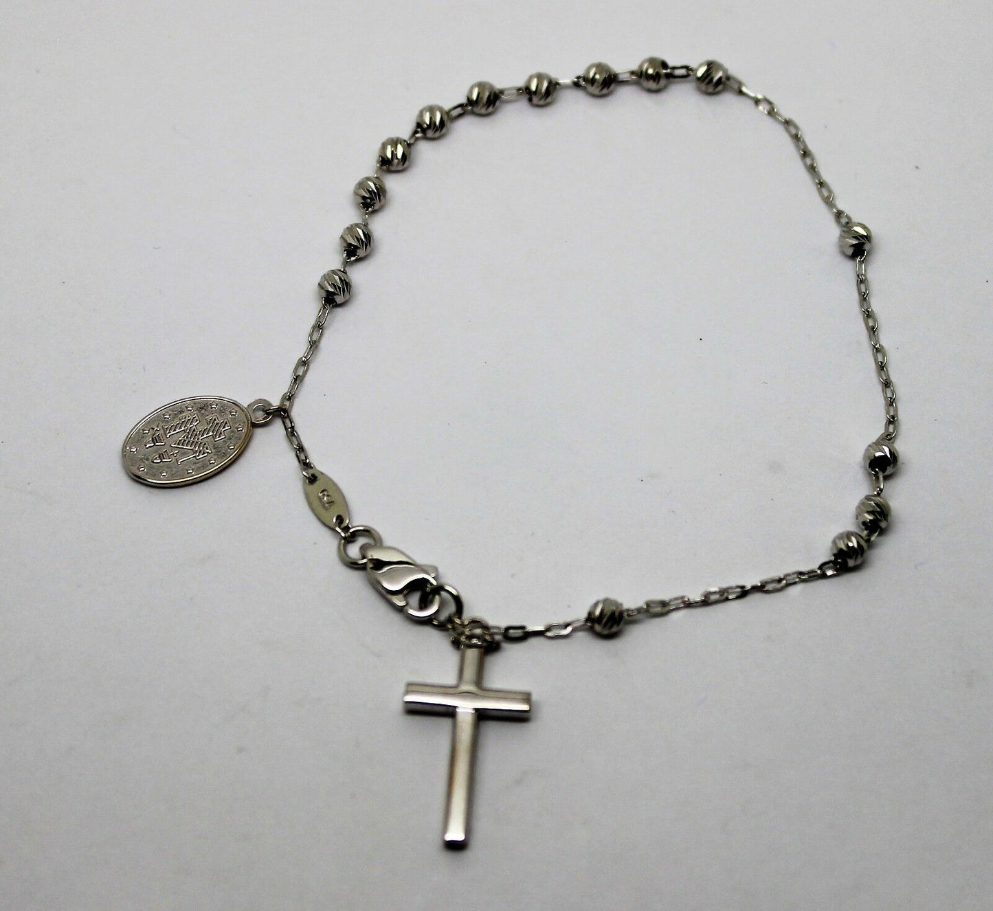 Genuine 18ct 750 White Gold Rosary Beads Cross Bracelet