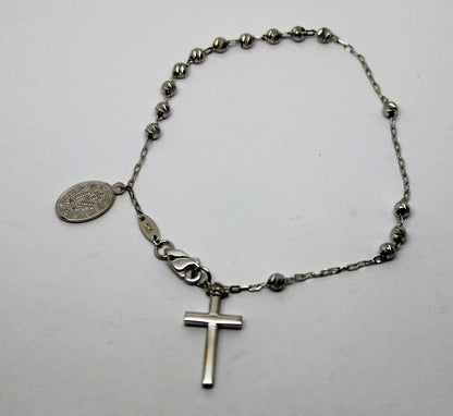 Genuine 18ct 750 White Gold Rosary Beads Cross Bracelet
