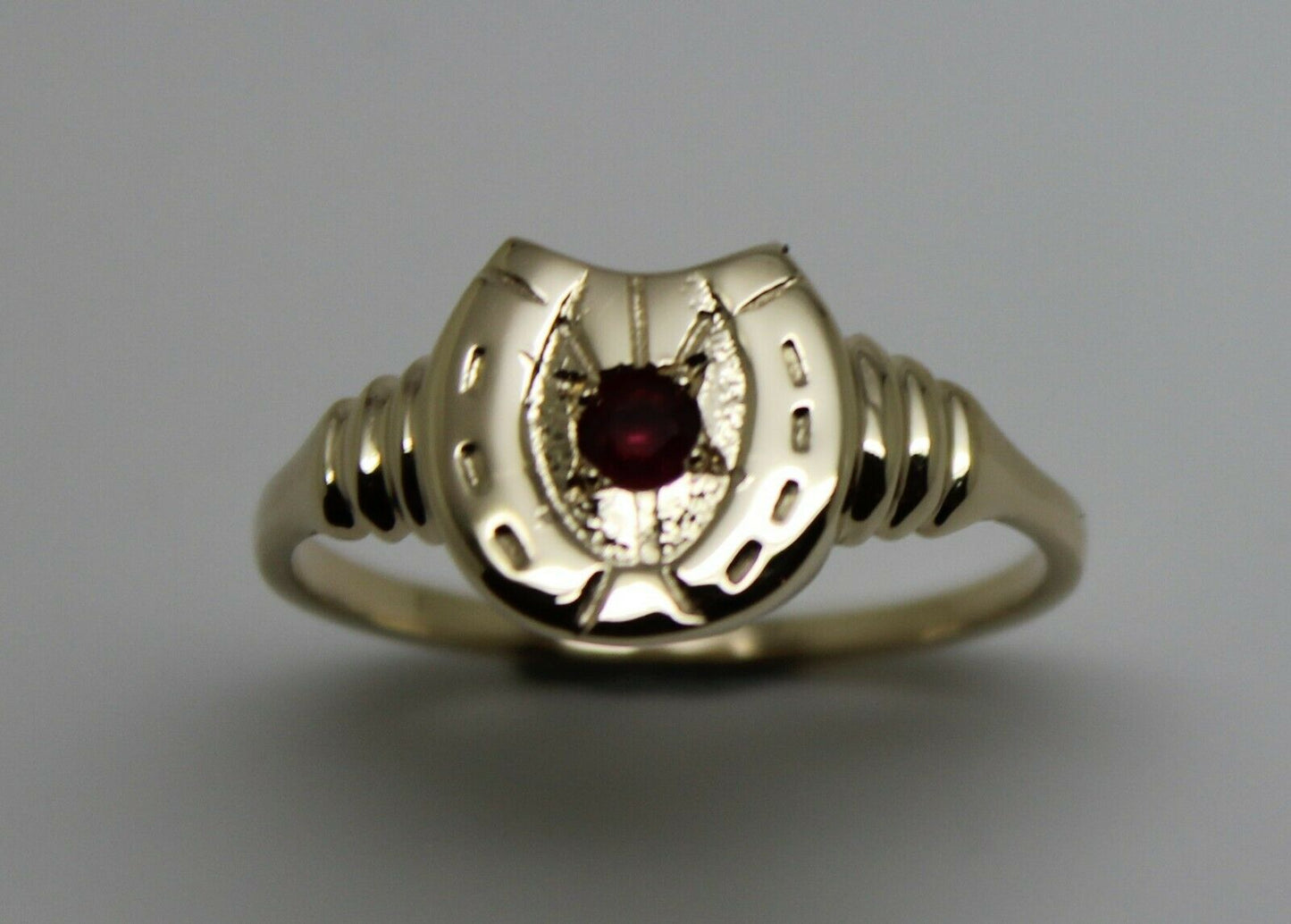 Size N 1/2,  Large 9ct 9k Genuine Yellow, Rose or White Gold 3mm Ruby Lucky Horse Shoe Ring