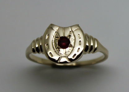 Size N 1/2,  Large 9ct 9k Genuine Yellow, Rose or White Gold 3mm Ruby Lucky Horse Shoe Ring