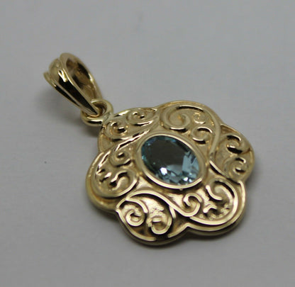 Genuine 9ct 9k Yellow Gold Antique Aquamarine Filigree Pendant