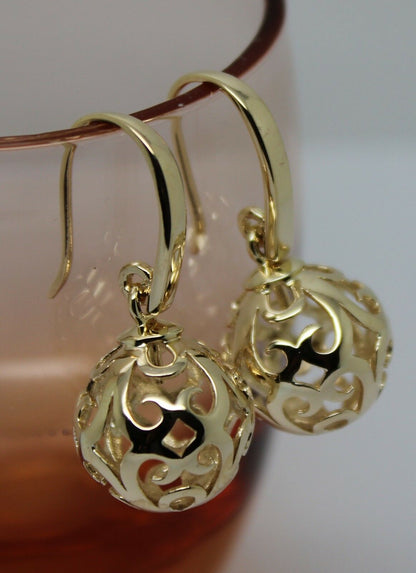 Genuine 9ct Yellow, Rose or White Gold Large Heavy 14mm Thick Hooks Ball Drop Filigree Earrings