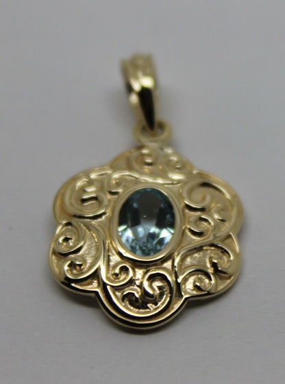 Genuine 9ct 9k Yellow Gold Antique Aquamarine Filigree Pendant