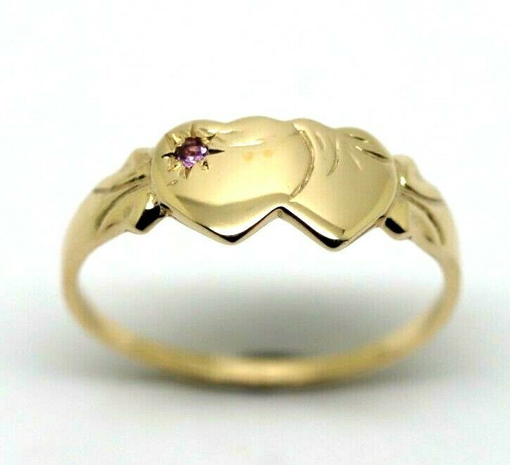Genuine 9ct Yellow Gold 375 Amethyst (Birthstone Of February) Double Heart Signet Ring