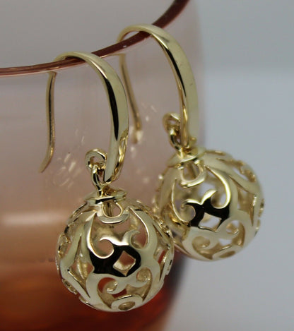 Genuine 9ct Yellow, Rose or White Gold Large Heavy 14mm Thick Hooks Ball Drop Filigree Earrings