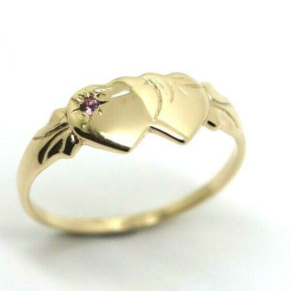 Genuine 9ct Yellow Gold 375 Amethyst (Birthstone Of February) Double Heart Signet Ring