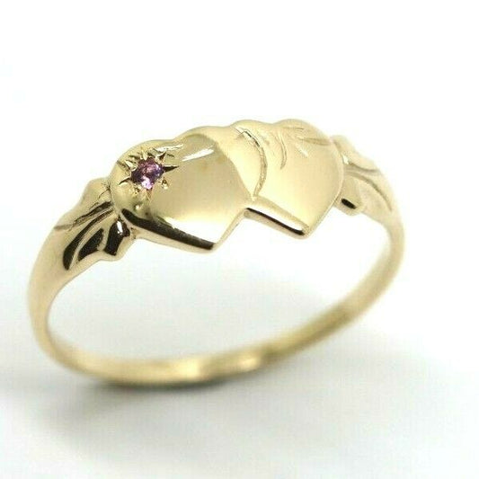 Genuine 9ct 9k 375 Yellow Gold Amethyst (Birthstone Of February) Double Heart Signet Ring - Choose your size