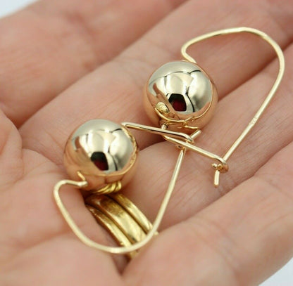 Genuine 9ct Yellow, Rose or White Gold 12mm Euro Ball Plain Drop Large Earrings 1mm size hooks