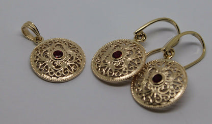 Kaedesigns Genuine 9K 9ct Yellow, Rose or White Gold Filigree Ruby Pendant & Earrings Set