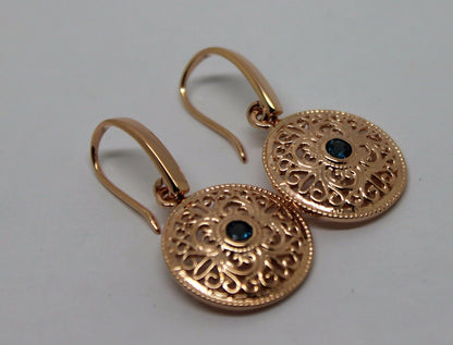 Genuine 9ct Solid Yellow, Rose or White Gold Round London Blue Topaz Filigree Earrings