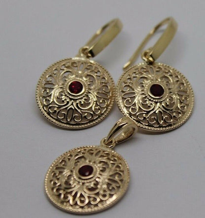 Kaedesigns Genuine 9K 9ct Yellow, Rose or White Gold Filigree Ruby Pendant & Earrings Set