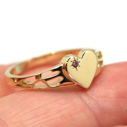 Genuine 9ct Yellow, Rose or White Gold 375 Amethyst (Birthstone Of February) Etched Heart Signet Ring